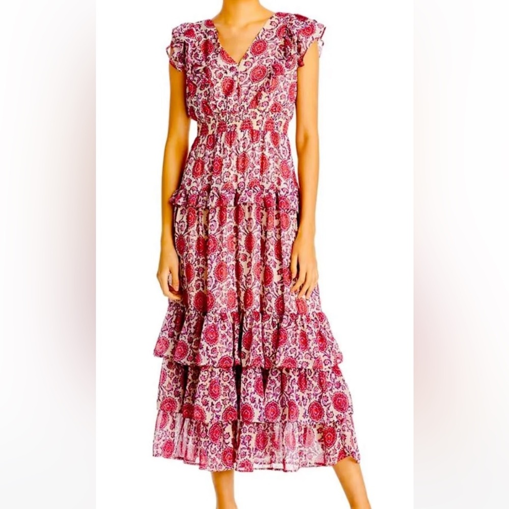 AQUA NWT Indian Stamp metallic print ruffled maxi dress size XS gorgeous!